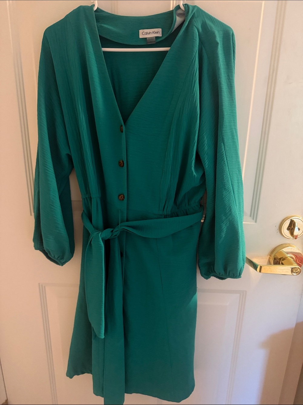 Calvin Klein Teal Long-Sleeve Belted V-Neck Dress